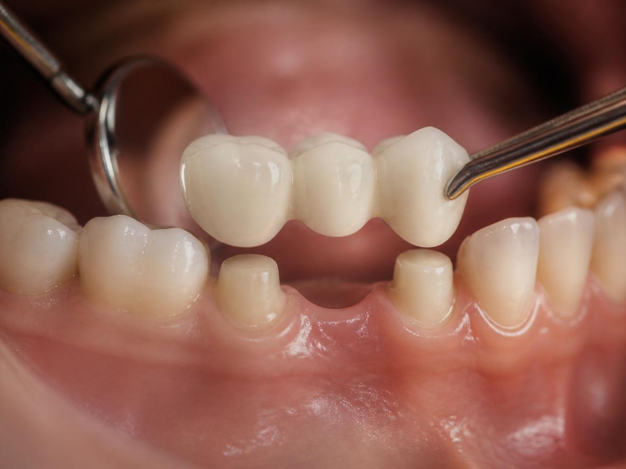 Macro clinical photograph of a three-unit dental bridge being seated onto two prepared abutment teeth