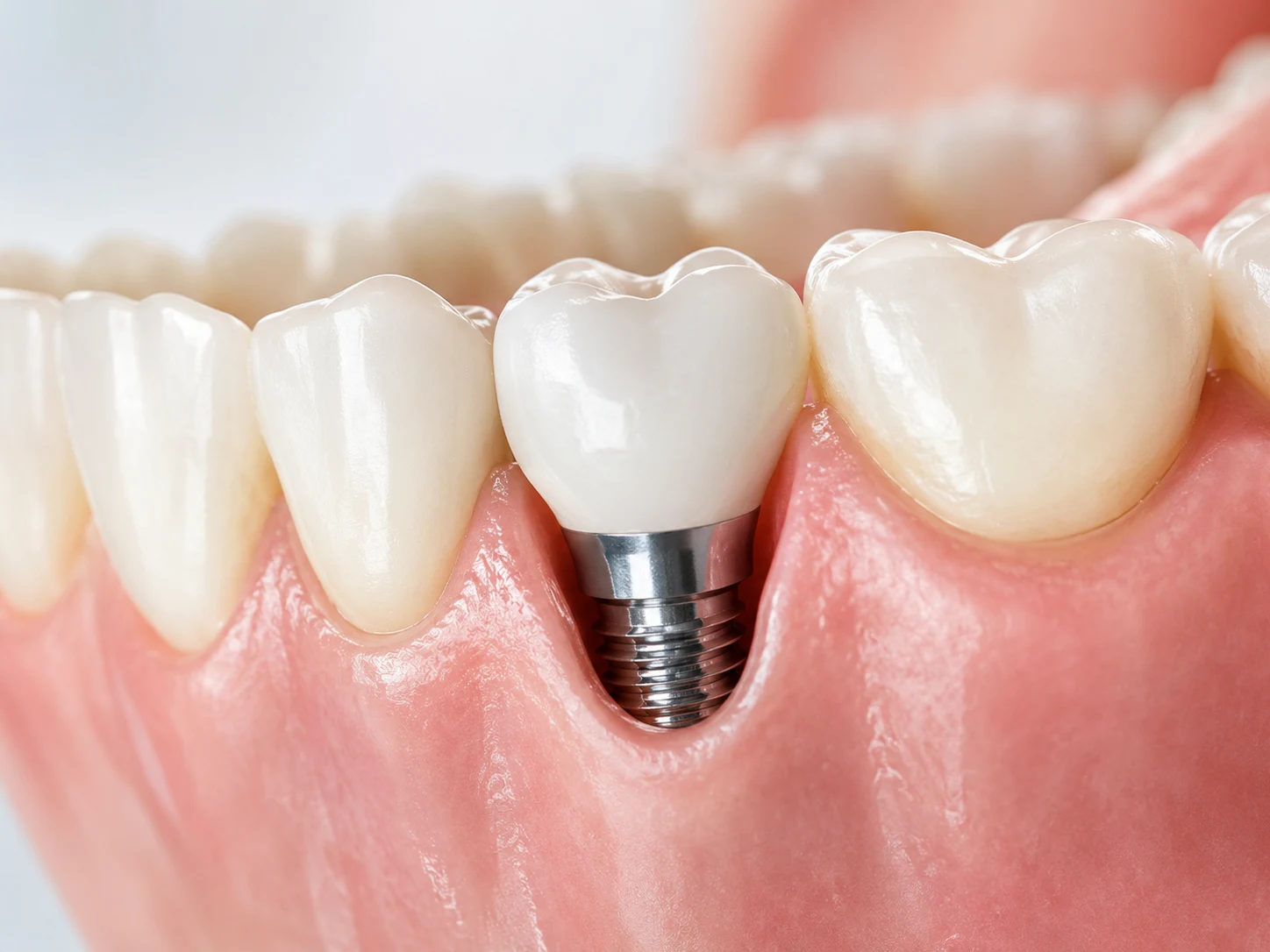 Dental implant and natural-looking crown replacing a missing tooth