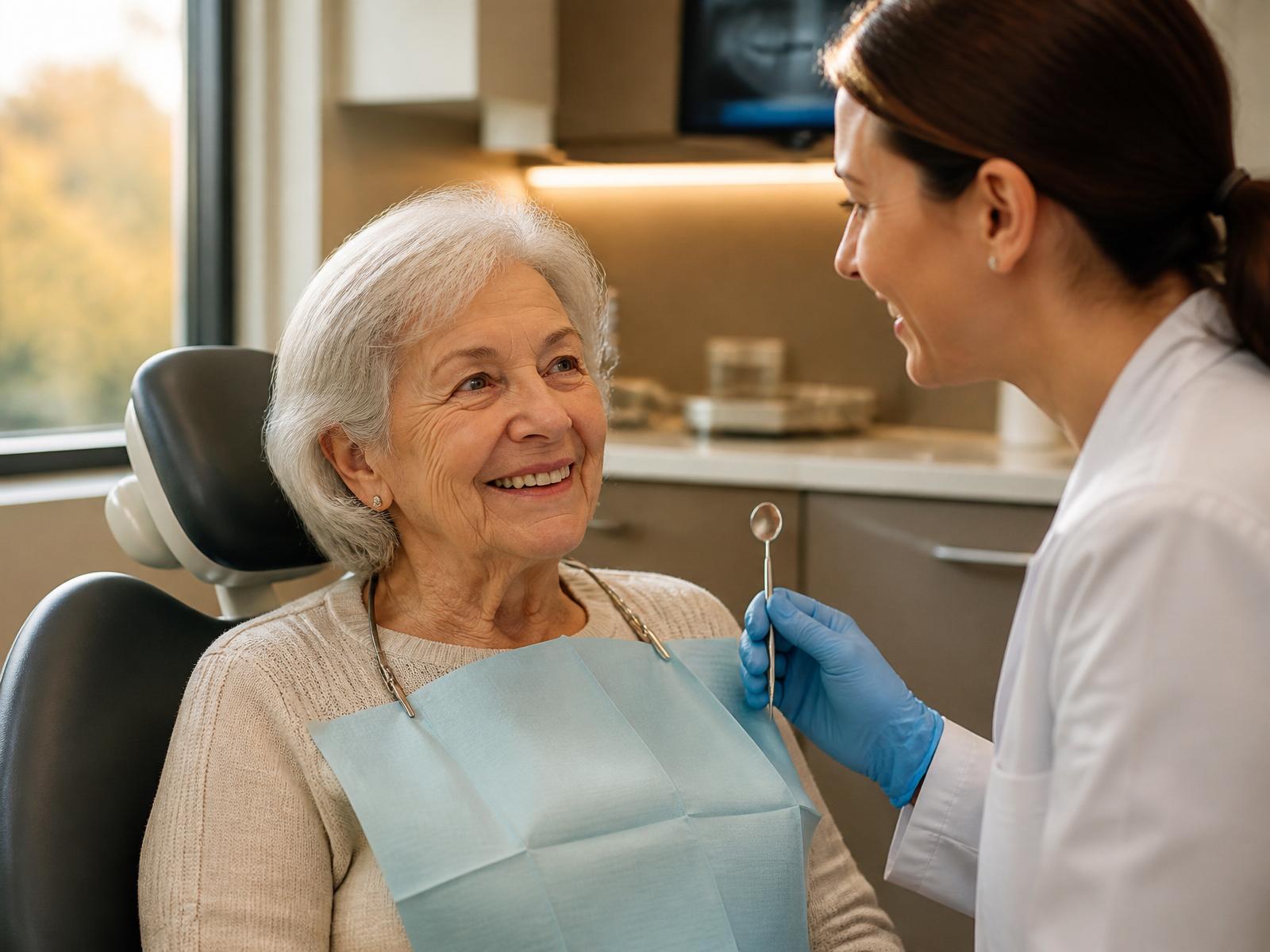 Smiling senior patient in the dental chair with a gentle dentist during a compassionate exam.