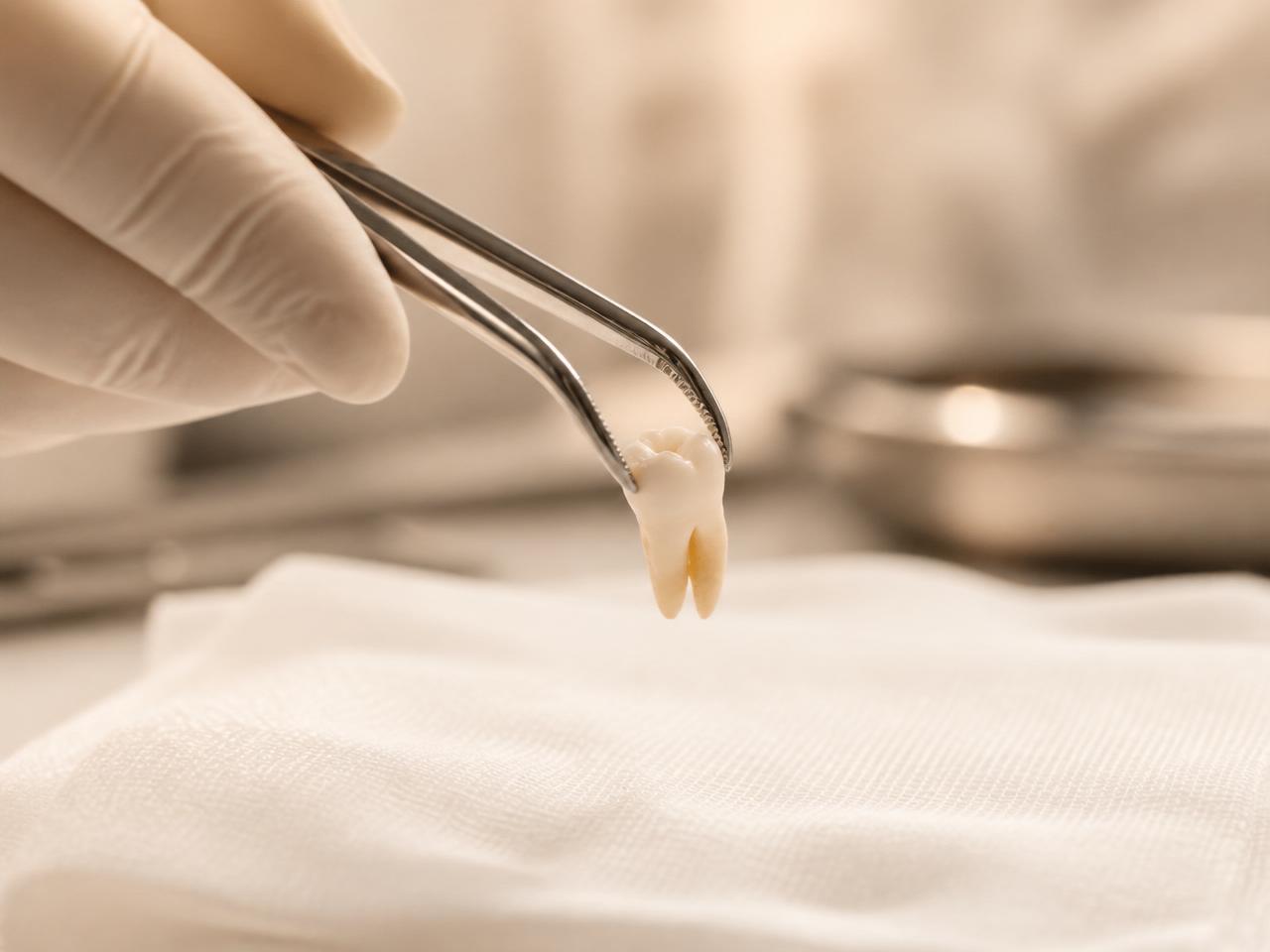 Sterile forceps holding an intact extracted tooth above a clean gauze field in a calm clinical setting