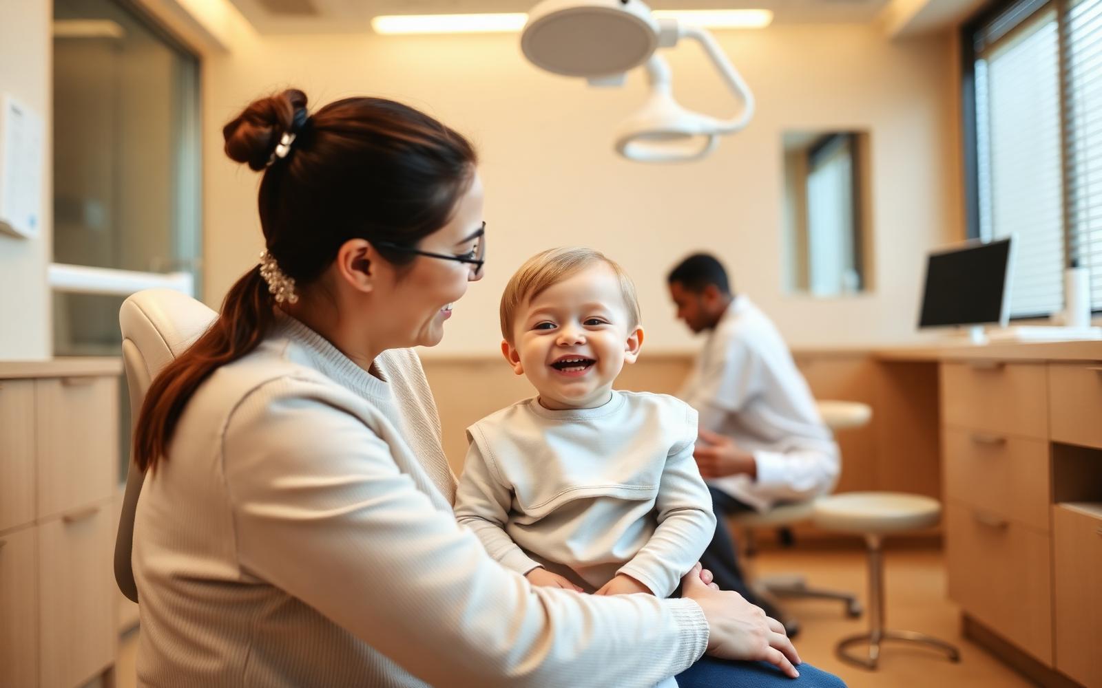 Smiling toddler on a parent's lap while a gentle dentist prepares to greet the child in a bright dental office.