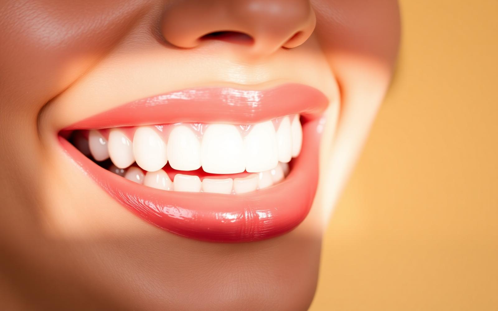Close-up of a natural bright smile with healthy glossy lips on a warm neutral background.
